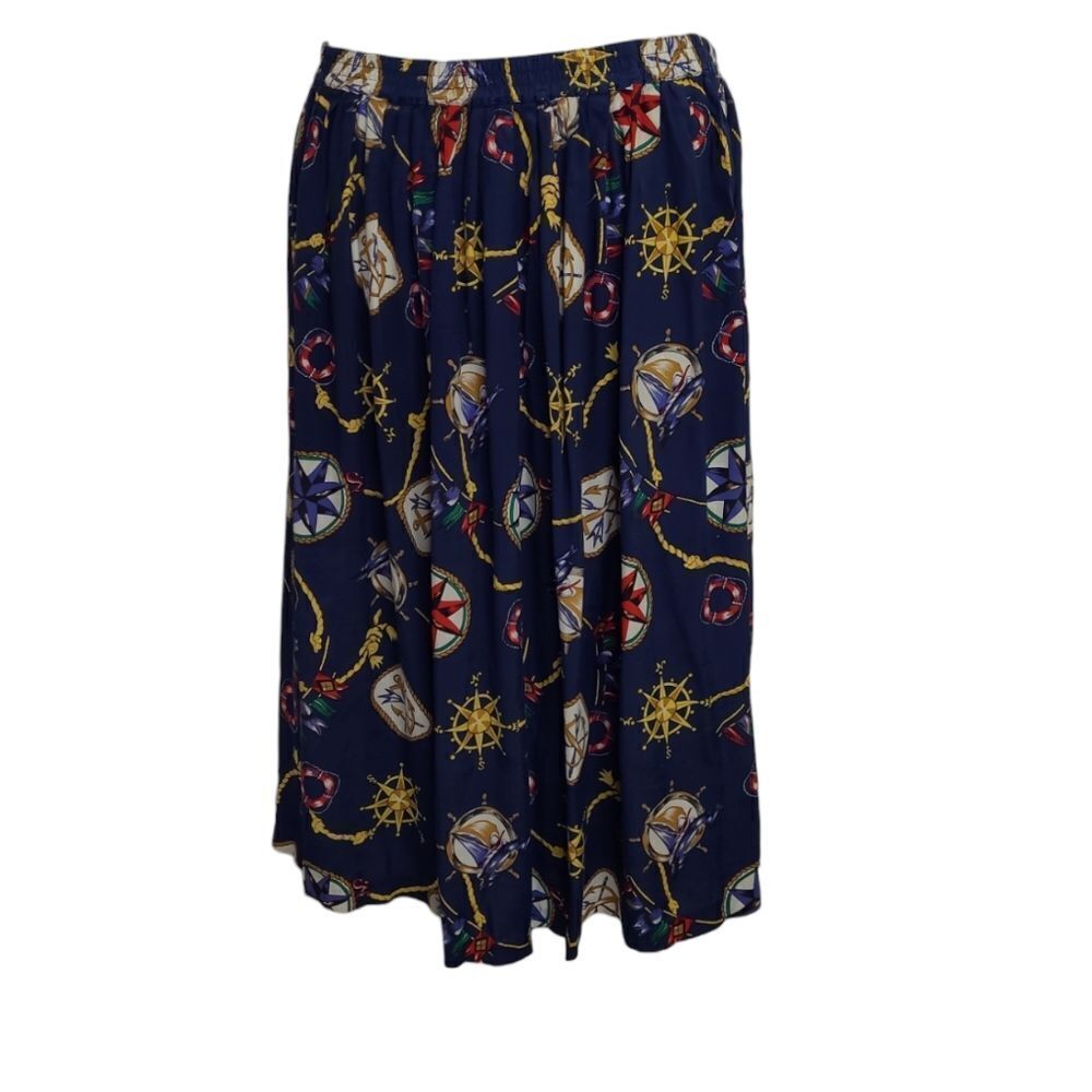 VINTAGE 80s nautical coastal Grandma navy blue pull‎ on fit and flare skirt M